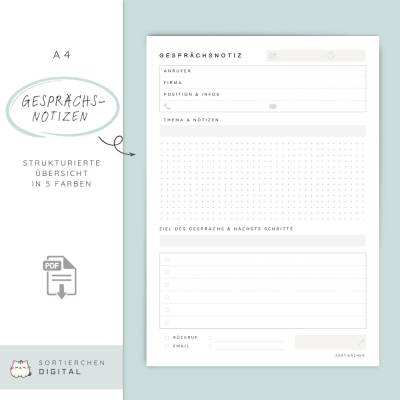 Gesprächsnotiz Vorlage A4 - Telefonnotizen in 4 Farben PDF zum Ausdrucken