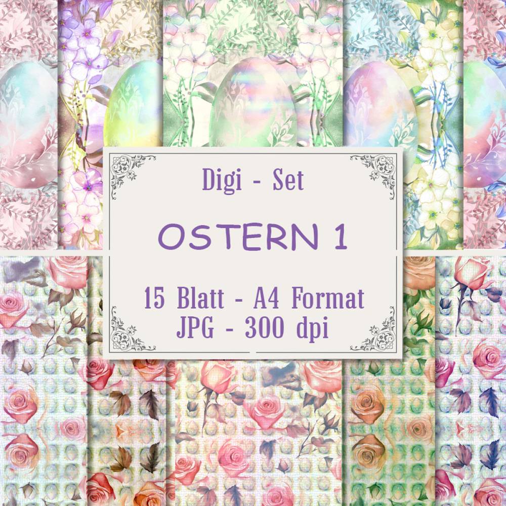 OSTERN 1, Digipapier, Printable nach handgemalten Aquarellen, 15 Blatt  digitales Papier zum download und drucken Bild 1