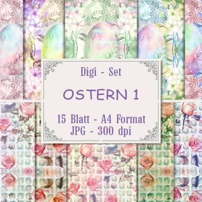 OSTERN 1, Digipapier, Printable nach handgemalten Aquarellen, 15 Blatt  digitales Papier zum download und drucken