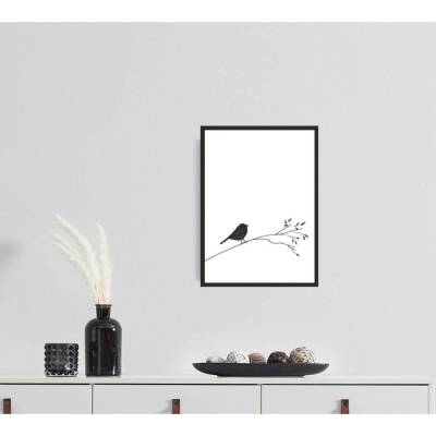 Vogel auf Ast – Moderner Kunstdruck Din A4 | Minimalistische Wanddeko in Schwarz Weiß