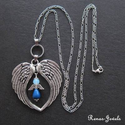 Edelsteinkette lang Schutzengel Anhänger Lapislazuli Opalglas blau weiß Engelflügel Bettelkette