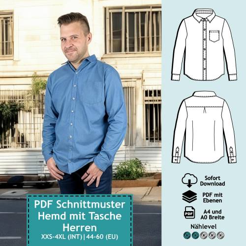 PDF Schnittmuster Herrenhemd Stan | eBook für Herren Hemd Schnitt mit farbiger Nähanleitung (deutsch)