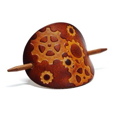 Leder Haarspange - OX Antique - Gears 1 - Vickys World - Rindleder & Holz
