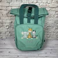 Roll Top Rucksack mit Safari Tieren und Namen bestickt I Kindergartentasche personalisiert I Tasche für Kinder