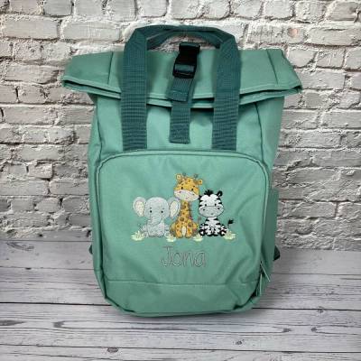 Roll Top Rucksack mit Safari Tieren und Namen bestickt I Kindergartentasche personalisiert I Tasche für Kinder 