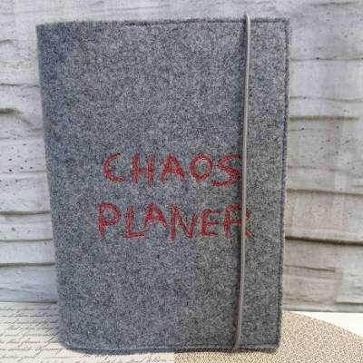 Kalenderhülle, Planer Woll Filz grau rot, Notizbuchhülle, Buchhülle DIN A5, Chaos Planer