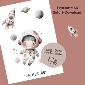 Süße Astronauten-Postkarte in sanften Farben - Kinderzimmerdeko für kleine Abenteurer Bild 1