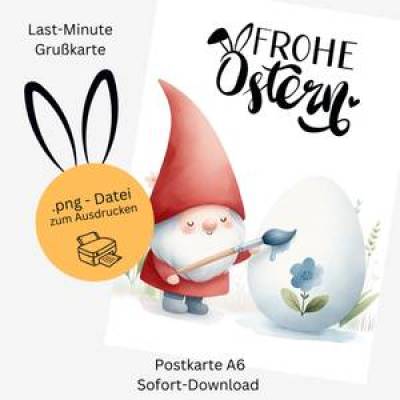 Osterkarte „Wichtel bemalt Osterei“ – Liebevoller Ostergruß als PNG-Download