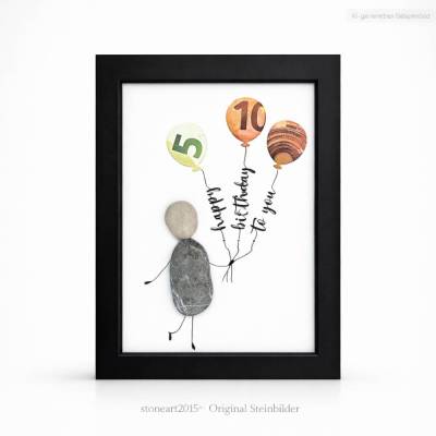 Steinbild Happy Birthday to you – Kreatives Geldgeschenk mit Herzluftballons & Personalisierung
