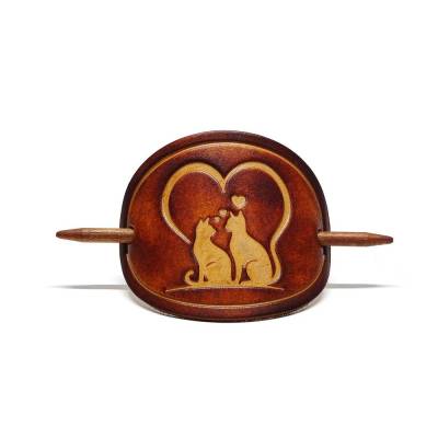 Leder Haarspange - OX Antique - Cat Love - Vickys World - Rindleder & Holz