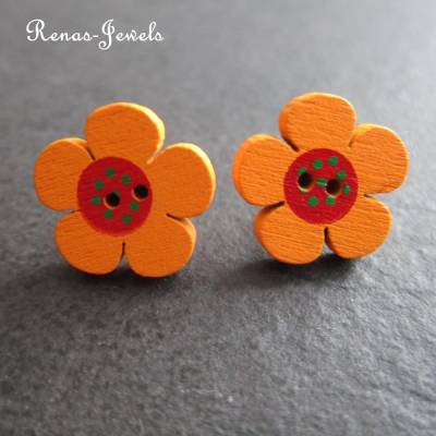 Holzohrstecker Blume orange silberfarben Holz Ohrstecker Ohrringe