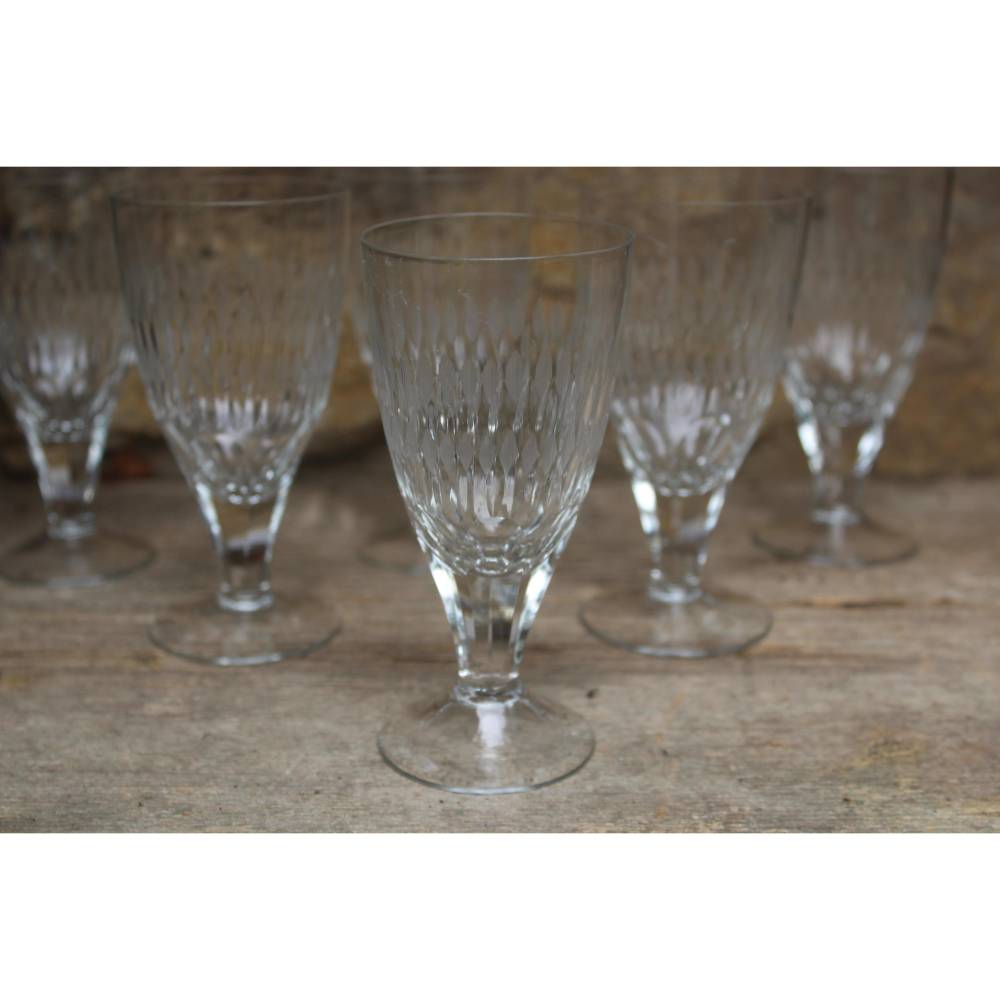 6er Set kleine Sektgläser Champagnergläser geschliffenes Dekor facettierter Stiel 30er Jahre Art Deco