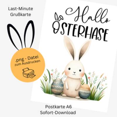 Digitale Osterkarte – Hase auf Frühlingswiese mit Ostereiern - einfach downloaden, drucken, Freude schenken!