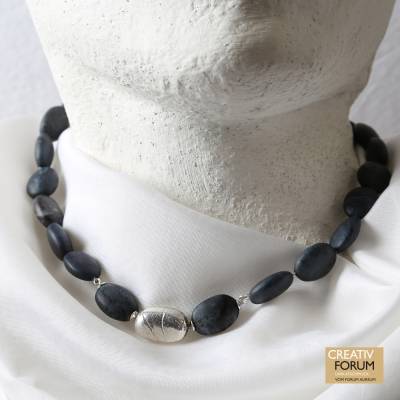 Dumotierit-Kette mit SCHLOSS in  kieselform 935 Silber – Handgefertigter Halsschmuck 