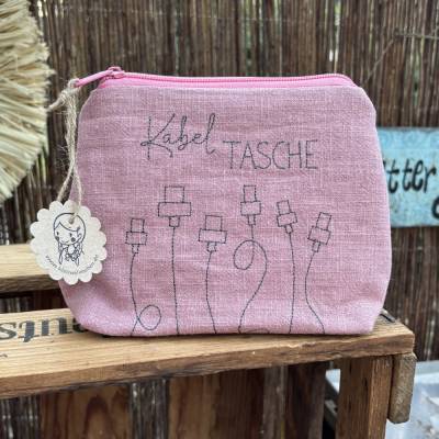 Kabeltasche // Leinentasche für unterwegs // Krimskrams // Kabel // Urlaub // Camping rosa