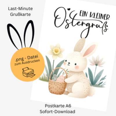 Osterkarte – Hase mit Korb und Blumen – "Ein kleiner Ostergruß"