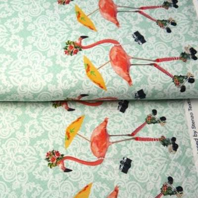 Jersey Bordüre Flamingos, Meterware 95% Baumwolle, 5% Elasthan