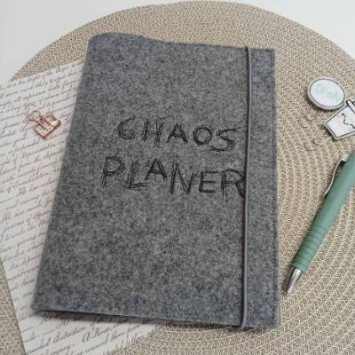 Kalenderhülle, Planer Woll Filz grau schwarz, Notizbuchhülle, Buchhülle DIN A5, Chaos Planer