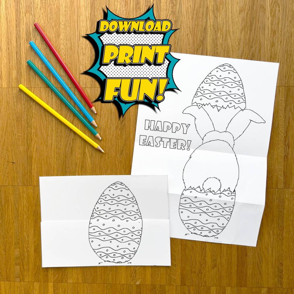 DIY Printable: lustige Oster Karte Hasen Popo Faltkarte Grußkarte zum Selbstausdrucken anmalen, Frohe Ostern, Osterhase Bild 1