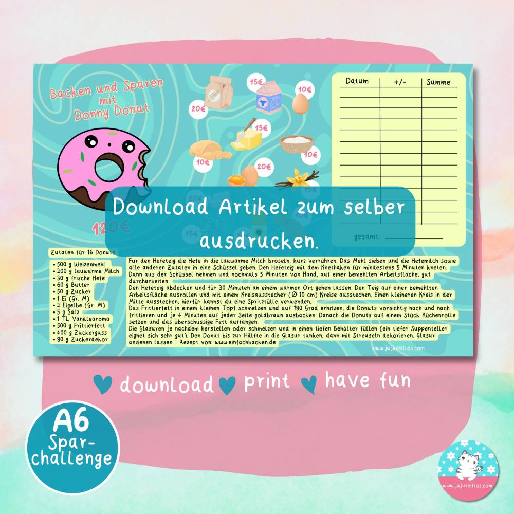 Klappkarte mit Donut Rezept spare 120 Euro - Klappkarte - PDF A4 Download - passend für A6 Zippertaschen Bild 2