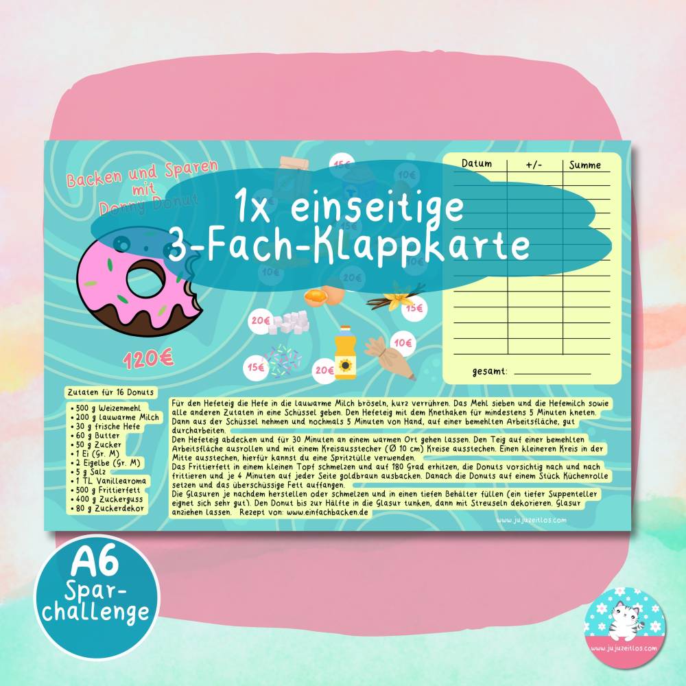 Klappkarte mit Donut Rezept spare 120 Euro - Klappkarte - PDF A4 Download - passend für A6 Zippertaschen Bild 3