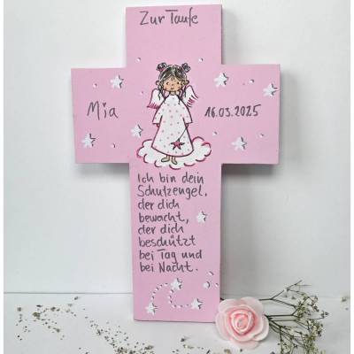 Taufkreuz Mädchen personalisiert – Geschenk Patenkind – handbemaltes Kinderkreuz mit Schutzengel und Spruch