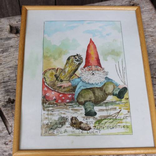 Aquarell Zwerg Wichtel Fliegenpilz signiert gerahmt Holland Niederlande Kinderzimmer Landhaus 90er Jahre