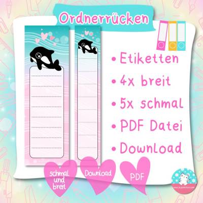 Ordnerrücken - Etiketten - Orca Finne - PDF A4 Download - für breite & schmale Ordner