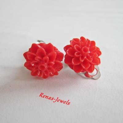 Ohrclips Blume rot silberfarben – Blumenohrclips aus Harz, elegante Ohrringe für Damen