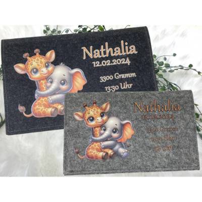Windeltasche mit Namen personalisiert Filz Wickeltasche Giraffe und Elefant Babygeschenk