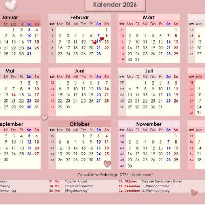 Jahreskalender 2026 auf einen Blick in Roséfarben PDF – DIN A4 zum Ausdrucken