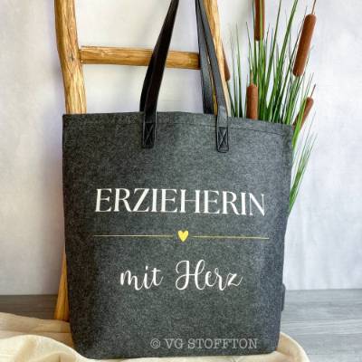 Filzshopper mit Kunstleder Henkeln - elegante Filztasche | Handtasche, Arbeitstasche, Einkaufstasche | Erzieherin Gesche
