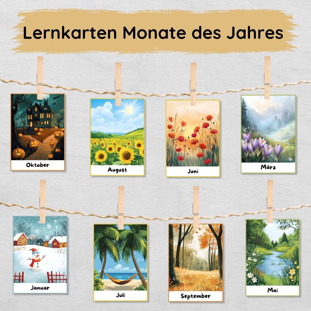 Monate des Jahres Lernkarten für Kinder zum Ausdrucken, Monatskarten
