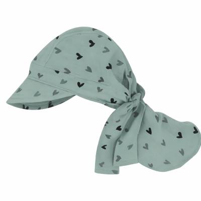 Musselin Bandana mintgrün mit Herzen für Mädchen mit Schirm und Nackenschutz, Kinderkopftuch atmungsaktiv