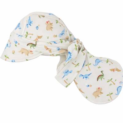 Musselin Bandana weiß mit Dinos für Jungen mit Schirm und Nackenschutz, Kopftuch Kinder atmungsaktiv, variabel