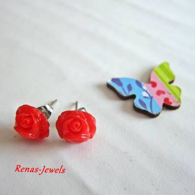 Ohrstecker Blume Rose rot silberfarben – Blumenohrstecker handgefertigt romantisch Schmuck Geschenk