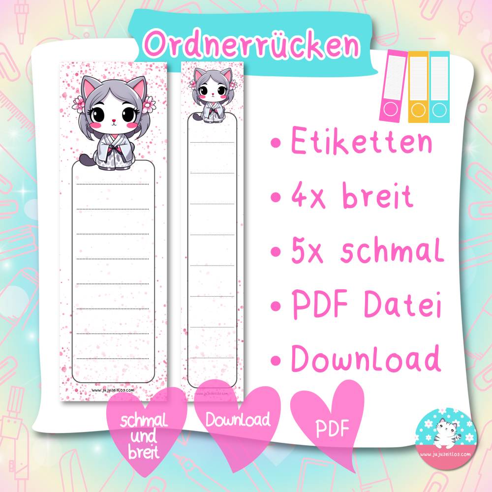 Ordnerrücken - Etiketten - Geisha Katze - PDF A4 Download - für breite & schmale Ordner Bild 1