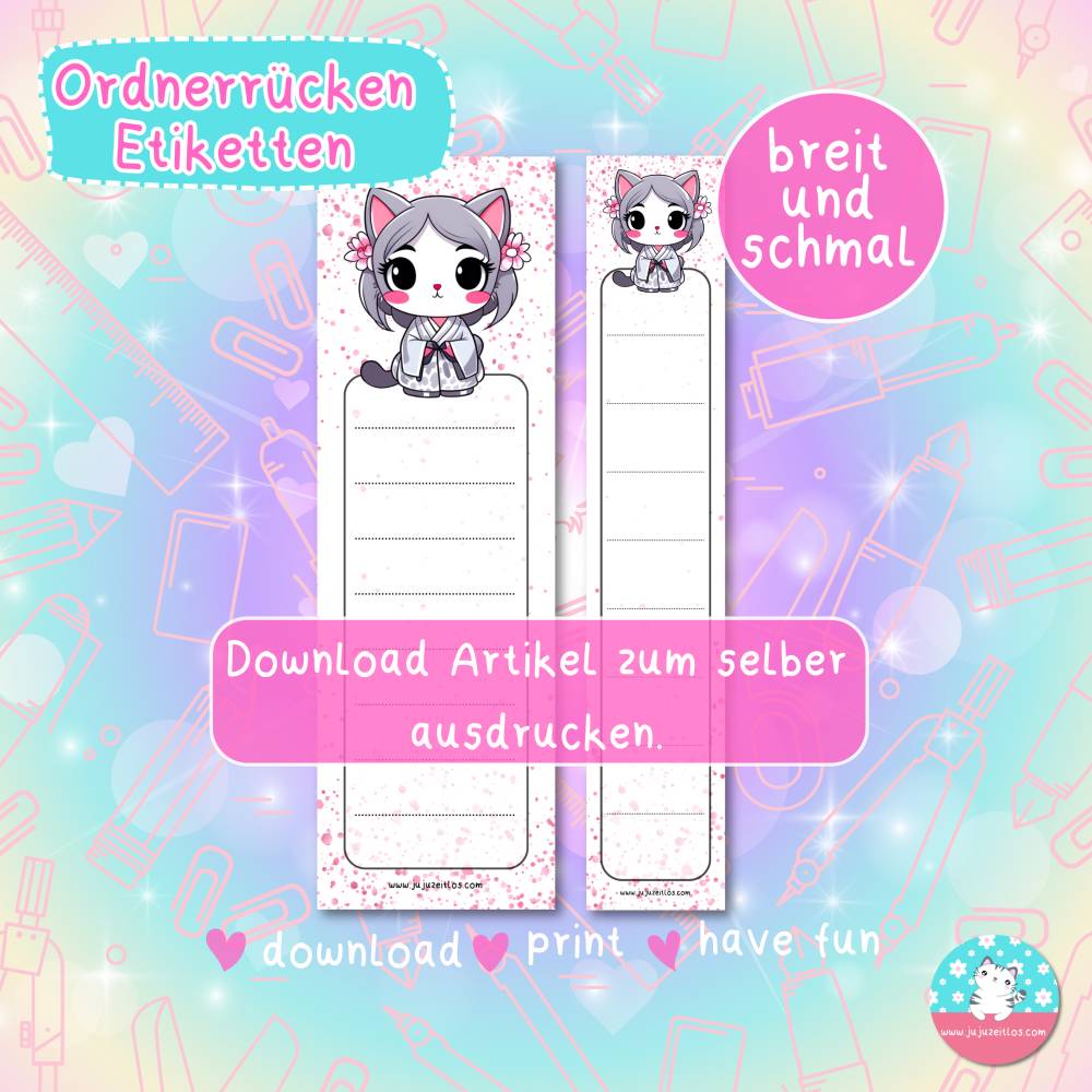 Ordnerrücken - Etiketten - Geisha Katze - PDF A4 Download - für breite & schmale Ordner Bild 2