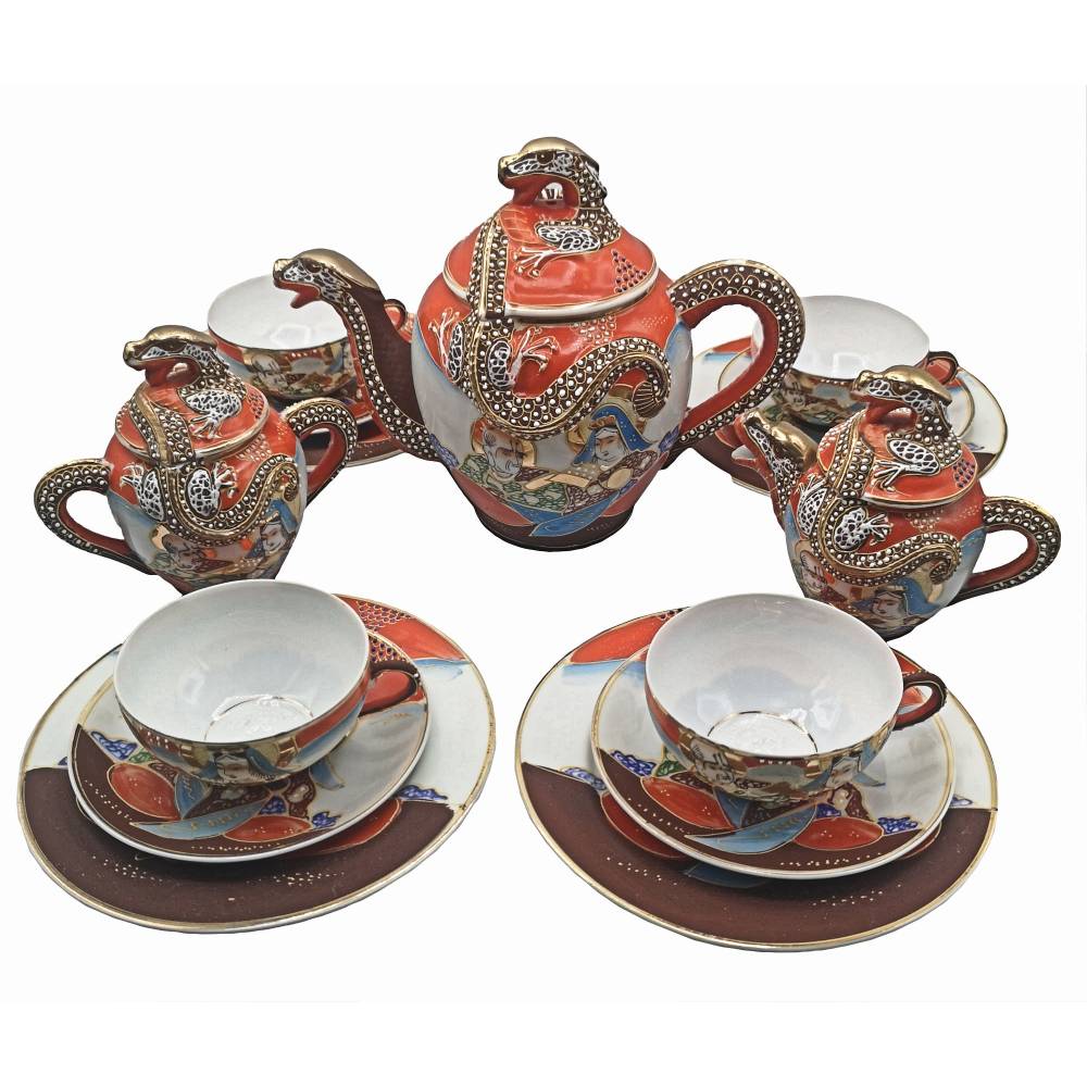 Japan Nippon Tee Service – Handbemaltes Drachen & Geisha Teeservice, Lithophanie, Braun-Orange