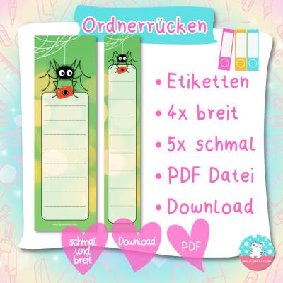 Ordnerrücken - Etiketten - Spinne Fipps - PDF A4 Download - für breite & schmale Ordner