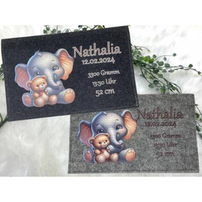 Windeltasche mit Namen personalisiert Filz Wickeltasche Elefant und Teddybär Babygeschenk