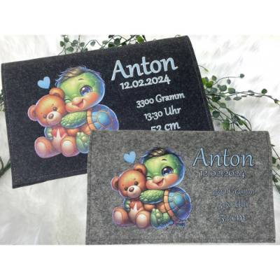 Windeltasche mit Namen personalisiert Filz Wickeltasche Schildkröte und Teddybär Babygeschenk