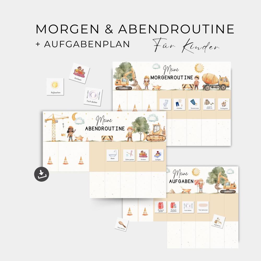 Tagesplan für Kinder, Morgenroutine Abendroutine für Kinder, Routineplan, Kleinkinder Routine Set Baustelle, zum Ausdruc Bild 1