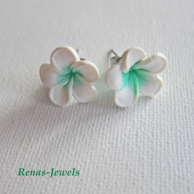Blumen Ohrstecker weiß grün silberfarben – Handgemachte Blumenohrringe Blume Schmuck