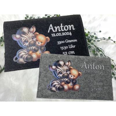 Windeltasche mit Namen personalisiert Filz Wickeltasche Zebra und Teddybär Babygeschenk