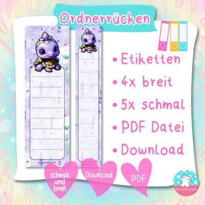 Ordnerrücken - Etiketten - Lavendel Schildkröte - PDF A4 Download - für breite & schmale Ordner