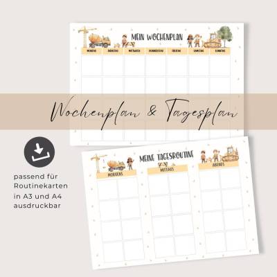 Wochenplan und Tagesplan für Kinder, Montessori inspiriert, A3 Format, Baustelle Design, PDF zum Ausdrucken, Sofort Down