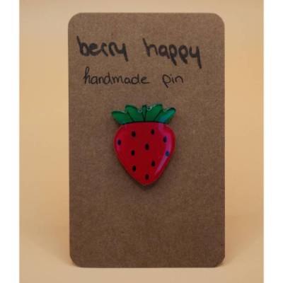 Pin Brosche Erdbeere "Berry Happy" auf Metallstecker handgemacht