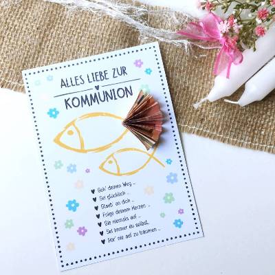 Druckvorlage Geldgeschenk - zur Kommunion - Glückwunschkarte - Kommunionkarte - Gratulation - Fischmotiv