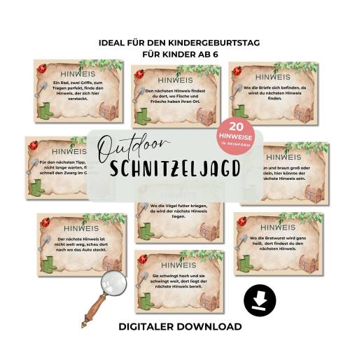 Outdoor Schnitzeljagd für Kinder, Schatzsuche im Garten, Schnitzeljagd in Reimform, PDF zum Ausdrucken, Kindergeburtstag